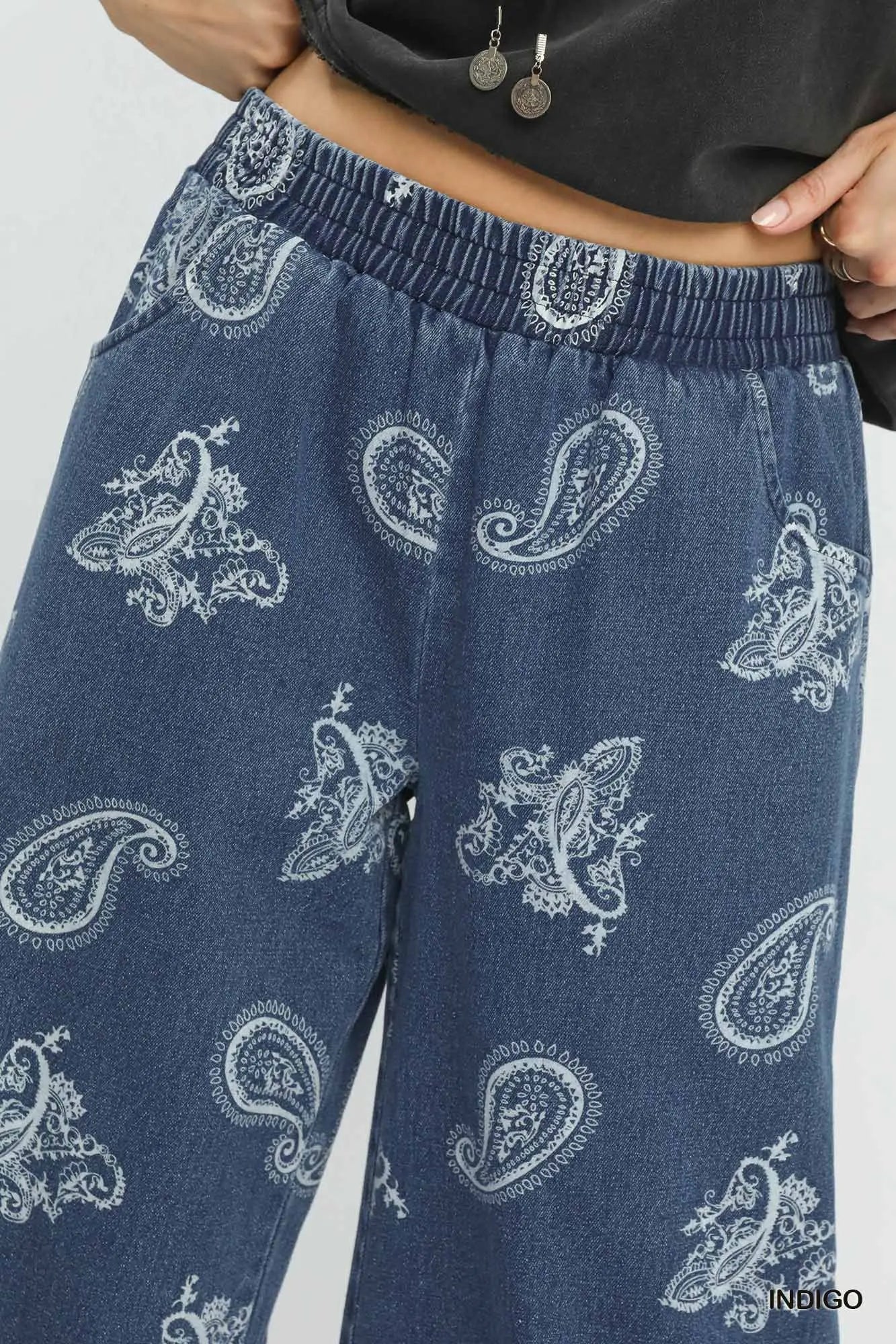 Denim Paisley Frayed Pants