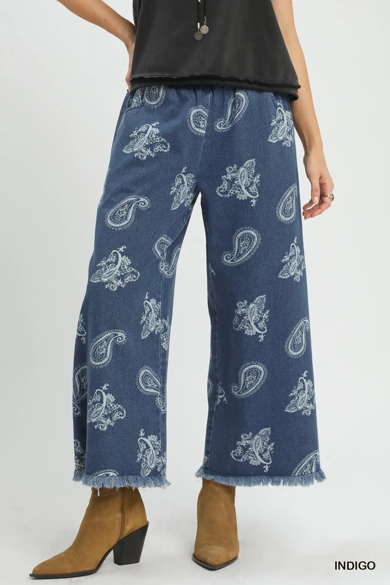 Denim Paisley Frayed Pants