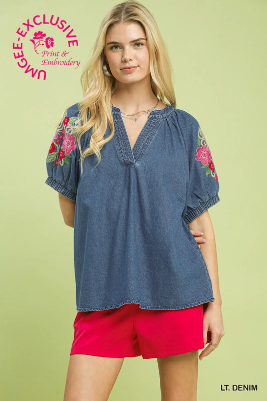 Denim Embroidered Puff Sleeve Top