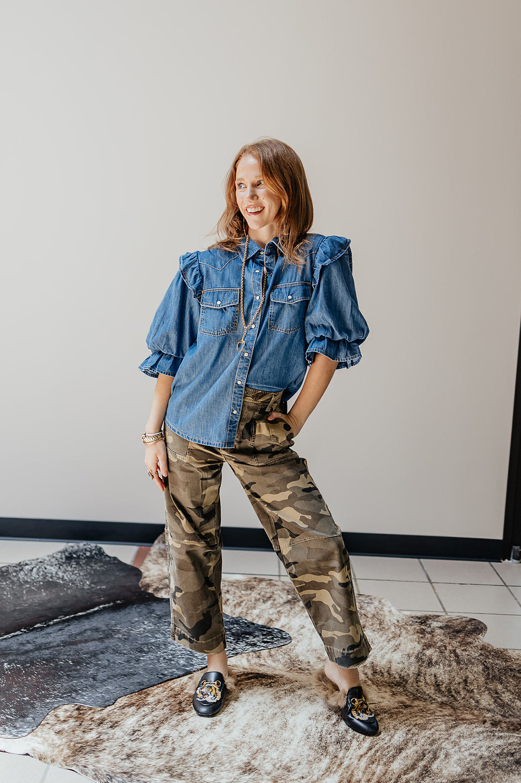 Annie Indigo Denim Flounce Shirt by Sister Mary