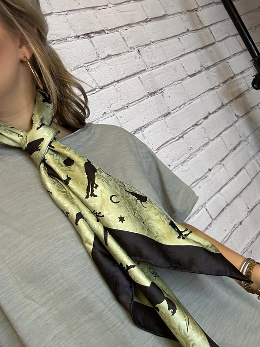 Cowboy Silhouette Olive Silk Scarf