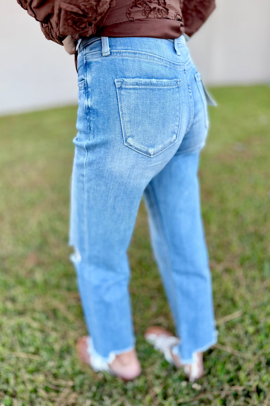 High Rise Distressed Crop Slim Wide Jeans by Vervet