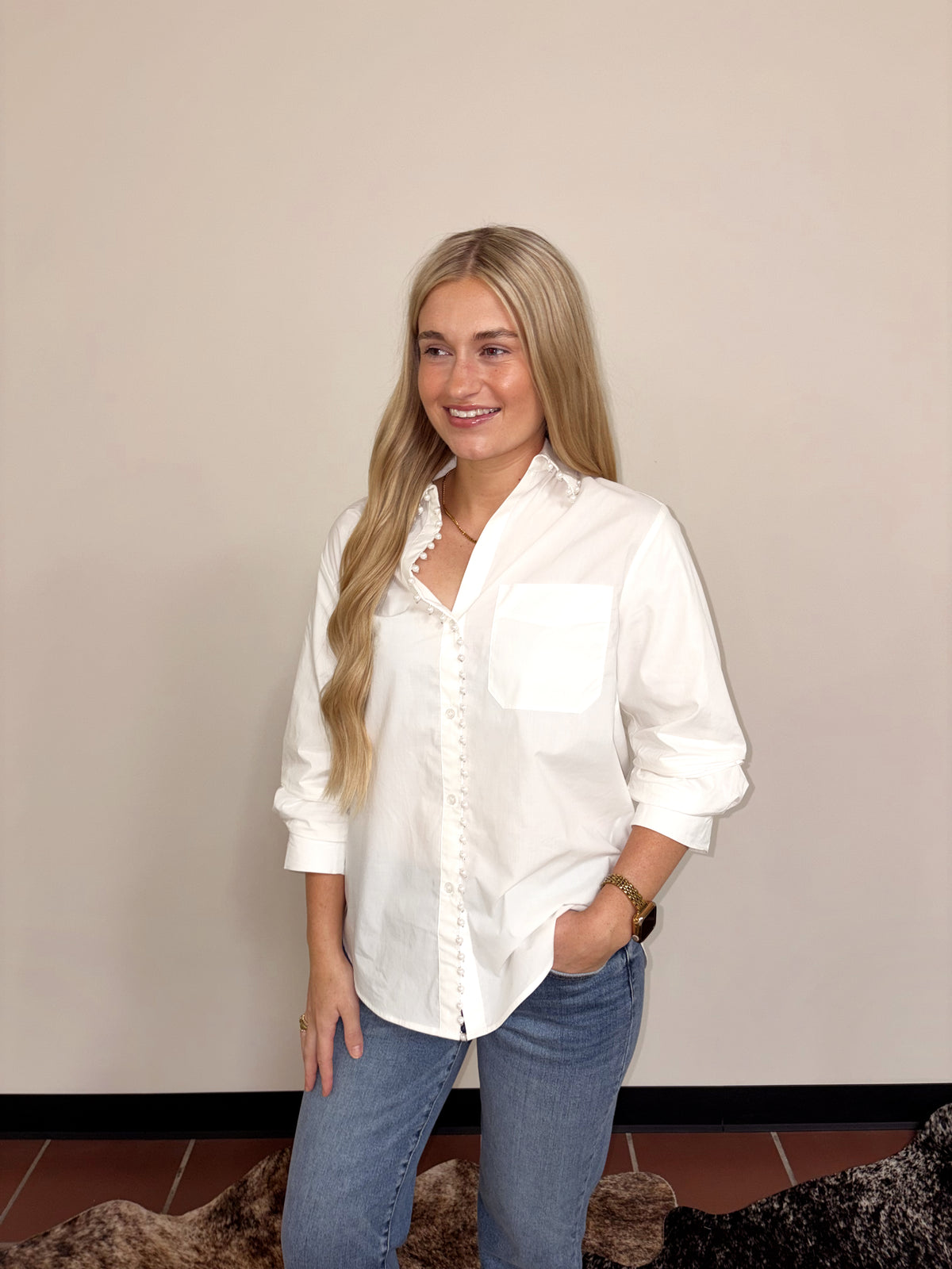 Pearl-Trim Button-Down Shirt