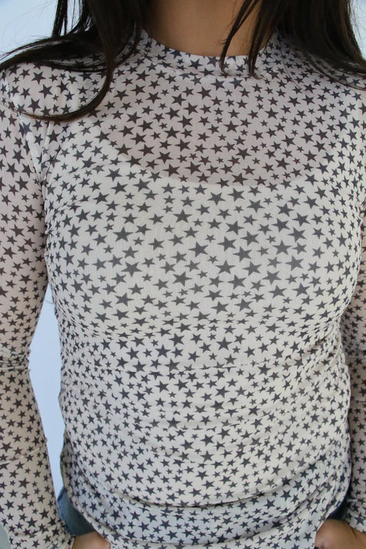 Black Star Print Fitted Mesh Top by Turquoise Haven