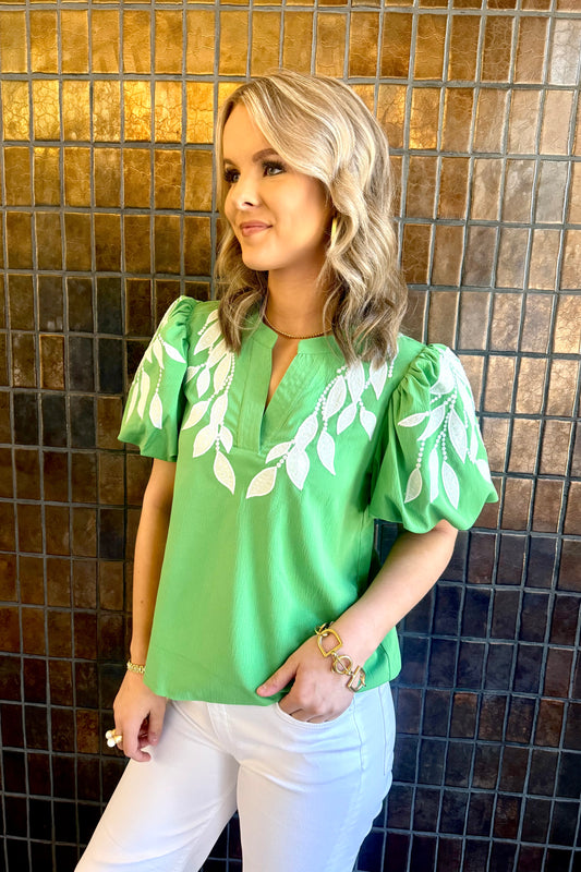 Embroidered Split Neck Puff Sleeve Top