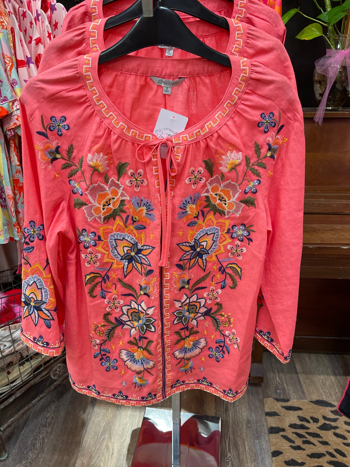 Embroidery Tie Front Peasant Top - John Mark