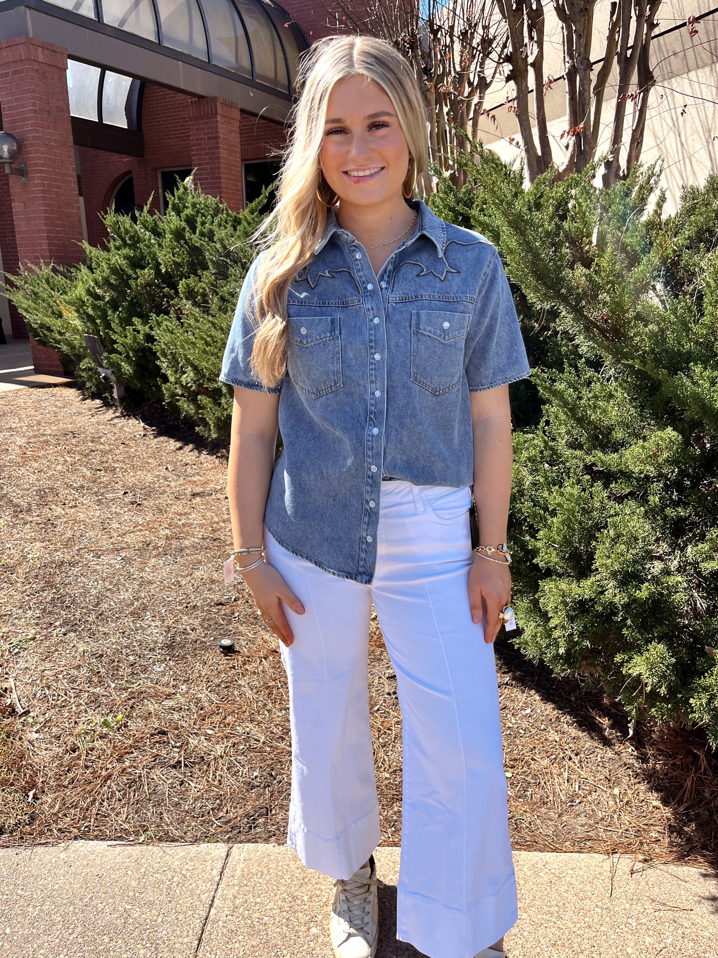 Embroidered Light Wash Denim Top