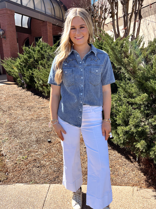 Embroidered Light Wash Denim Top
