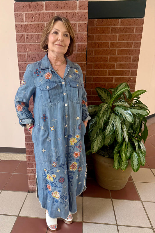 Embroidered Denim Maxi Dress by John Mark