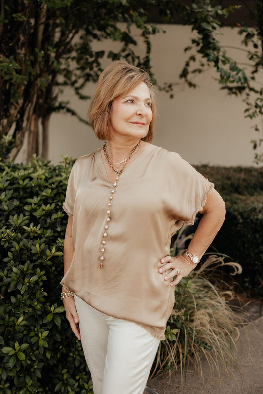 Silky V-Neck Top with Raw Hem