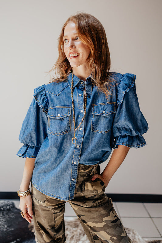 Annie Indigo Denim Flounce Shirt by Sister Mary