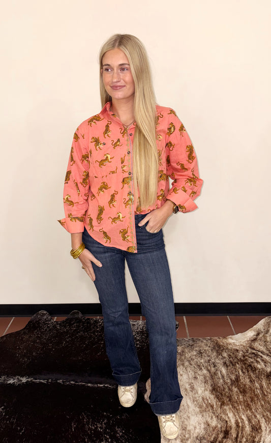 Tiger Button Down Top