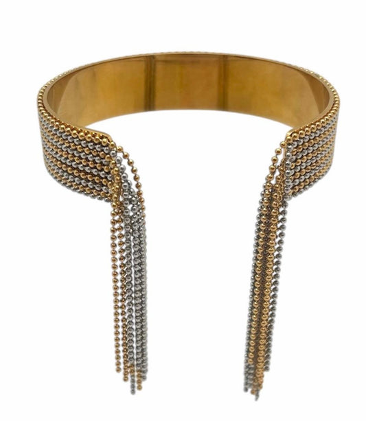 Mixed Metal Beaded Cuff with Fringe