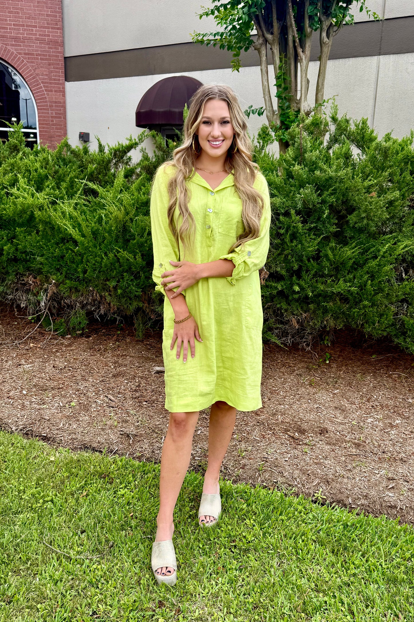 John Mark Vibrant Lime Linen Dress