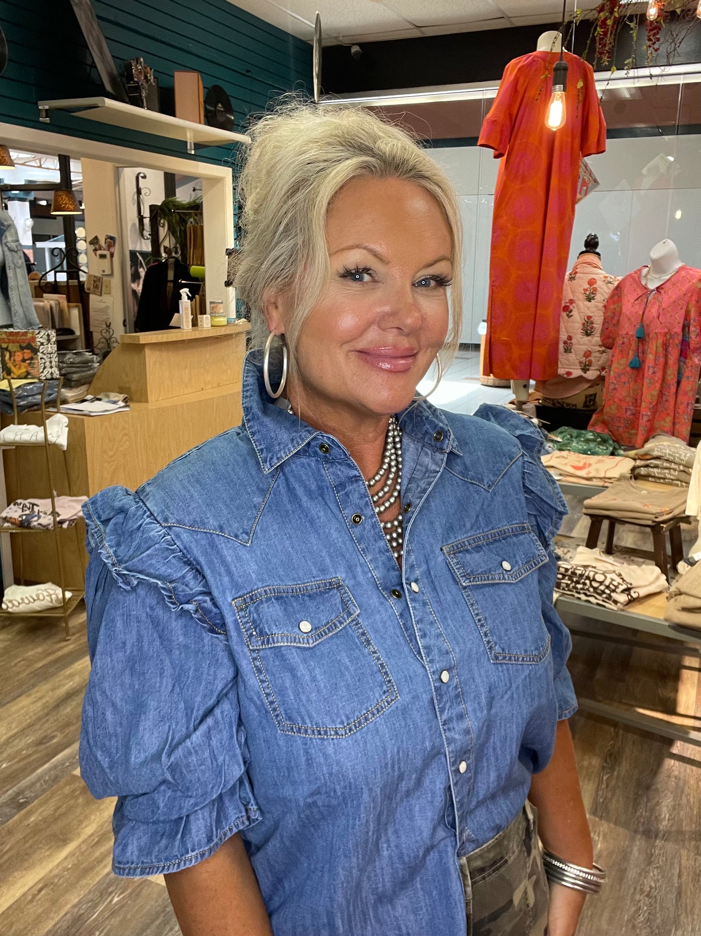 Annie Indigo Denim Flounce Shirt by Sister Mary