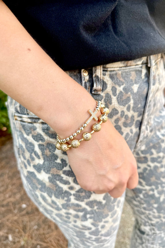 Gold Beaded Bracelet with CZ Cross