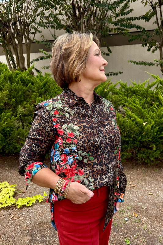Animal Print and Fuchsia Flower Blouse by John Mark