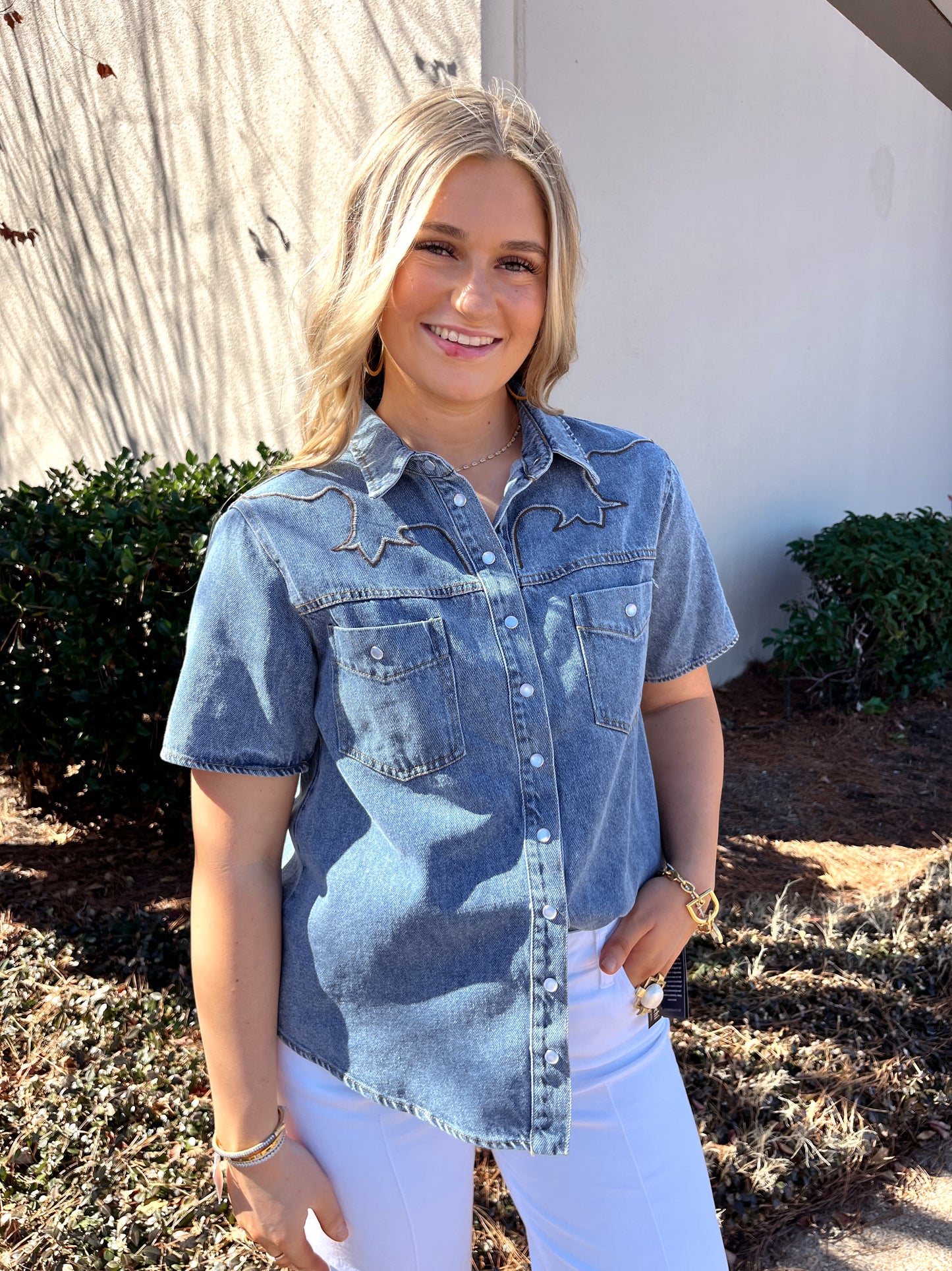 Embroidered Light Wash Denim Top