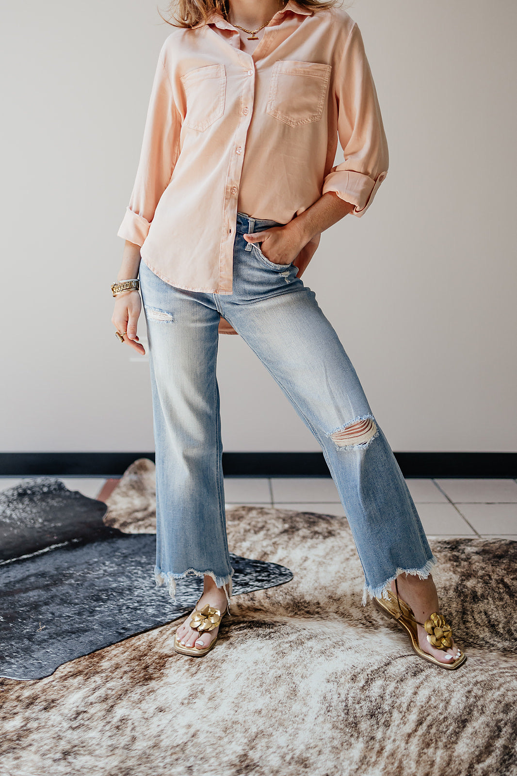 High Rise Distressed Crop Slim Wide Jeans by Vervet