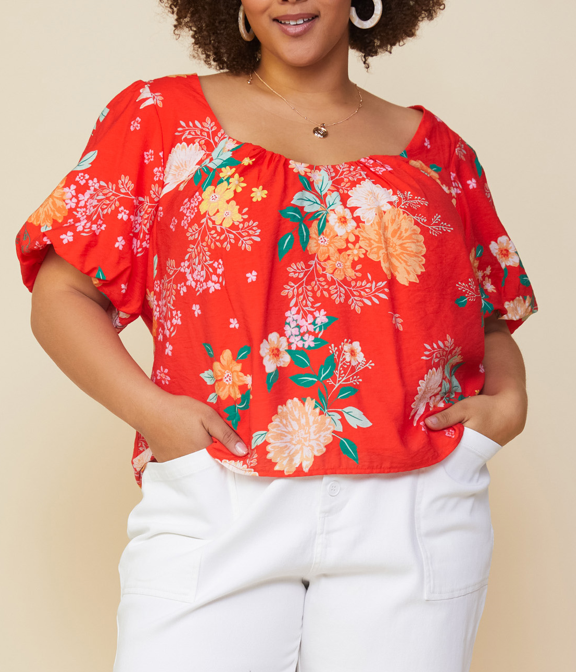 Coral Red Floral Fun Top