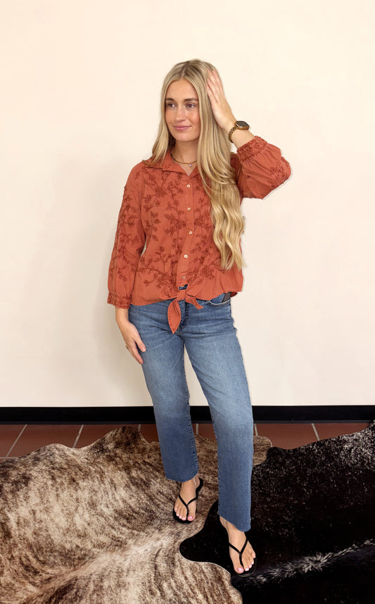 Rust Woven Emd Tie Top