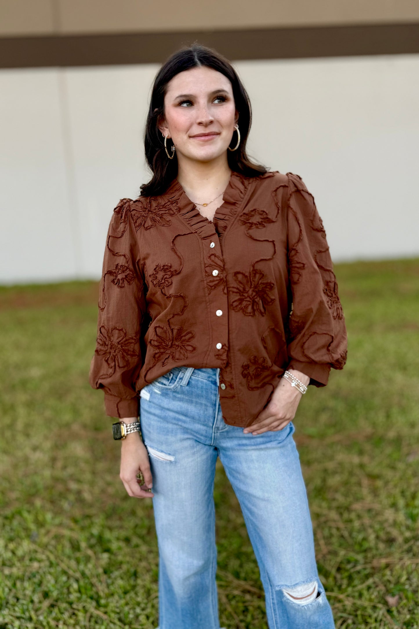 Floral Mocha Button Down Top by Jodifl