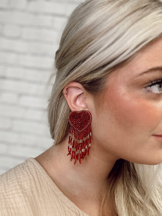 Red Hot Heart Tassel Earrings