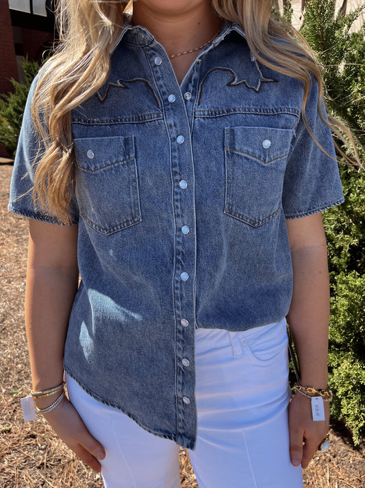 Embroidered Light Wash Denim Top