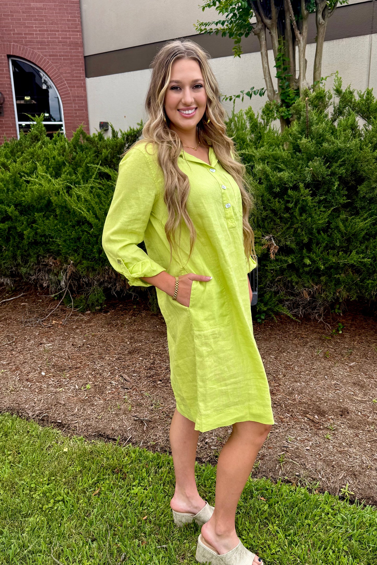 John Mark Vibrant Lime Linen Dress