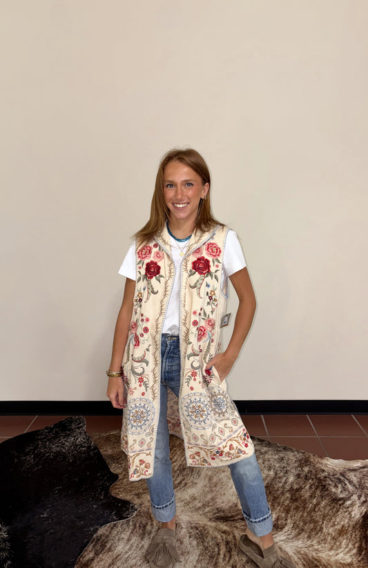 Floral Multi Embd Hooded Vest- John Mark