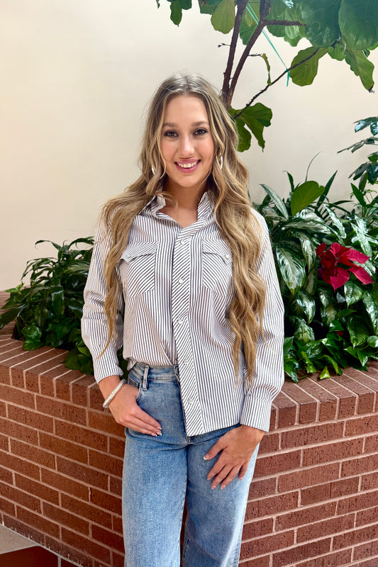 Black Striped Vintage Pearl Snap Top