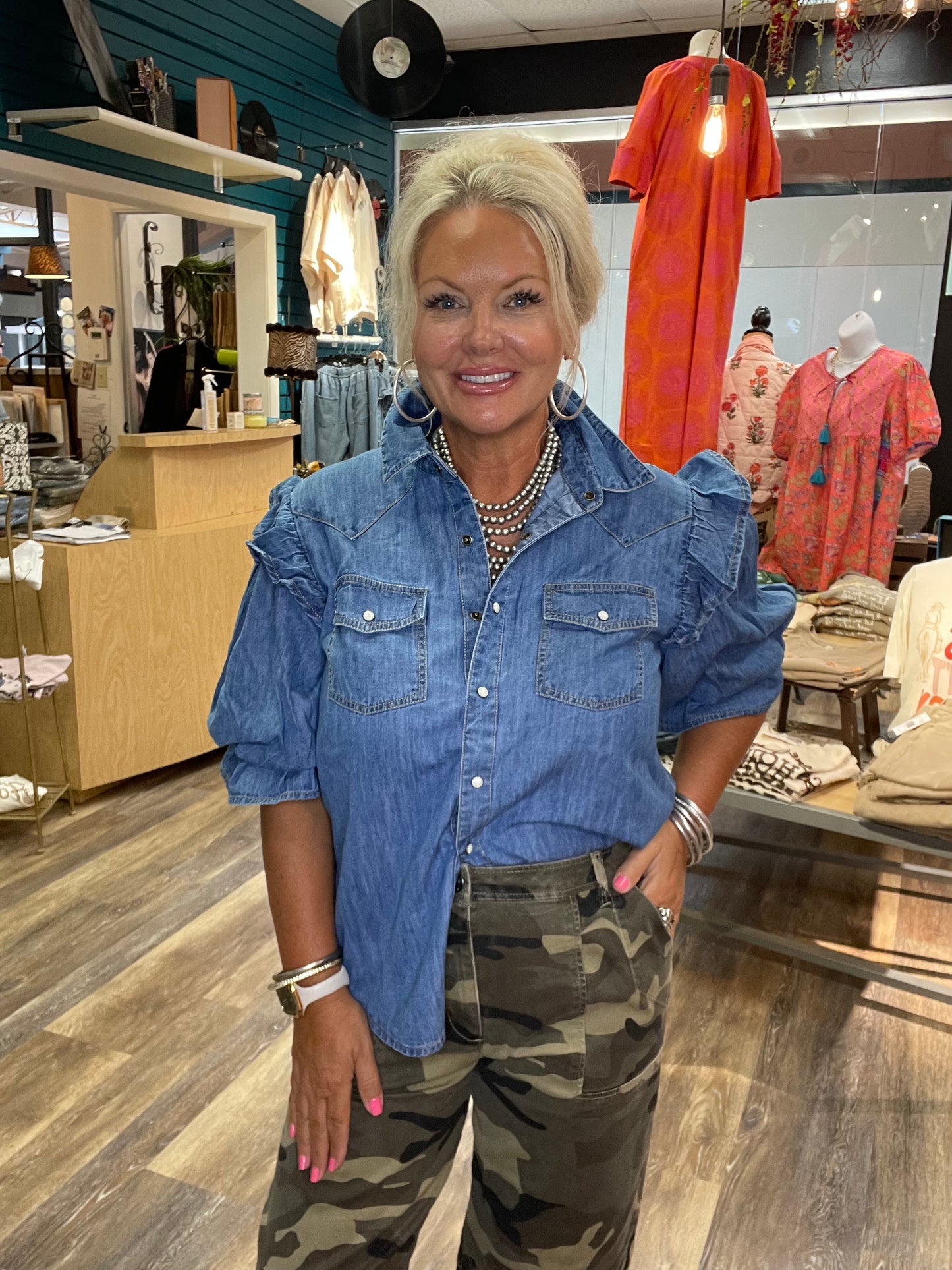 Annie Indigo Denim Flounce Shirt by Sister Mary