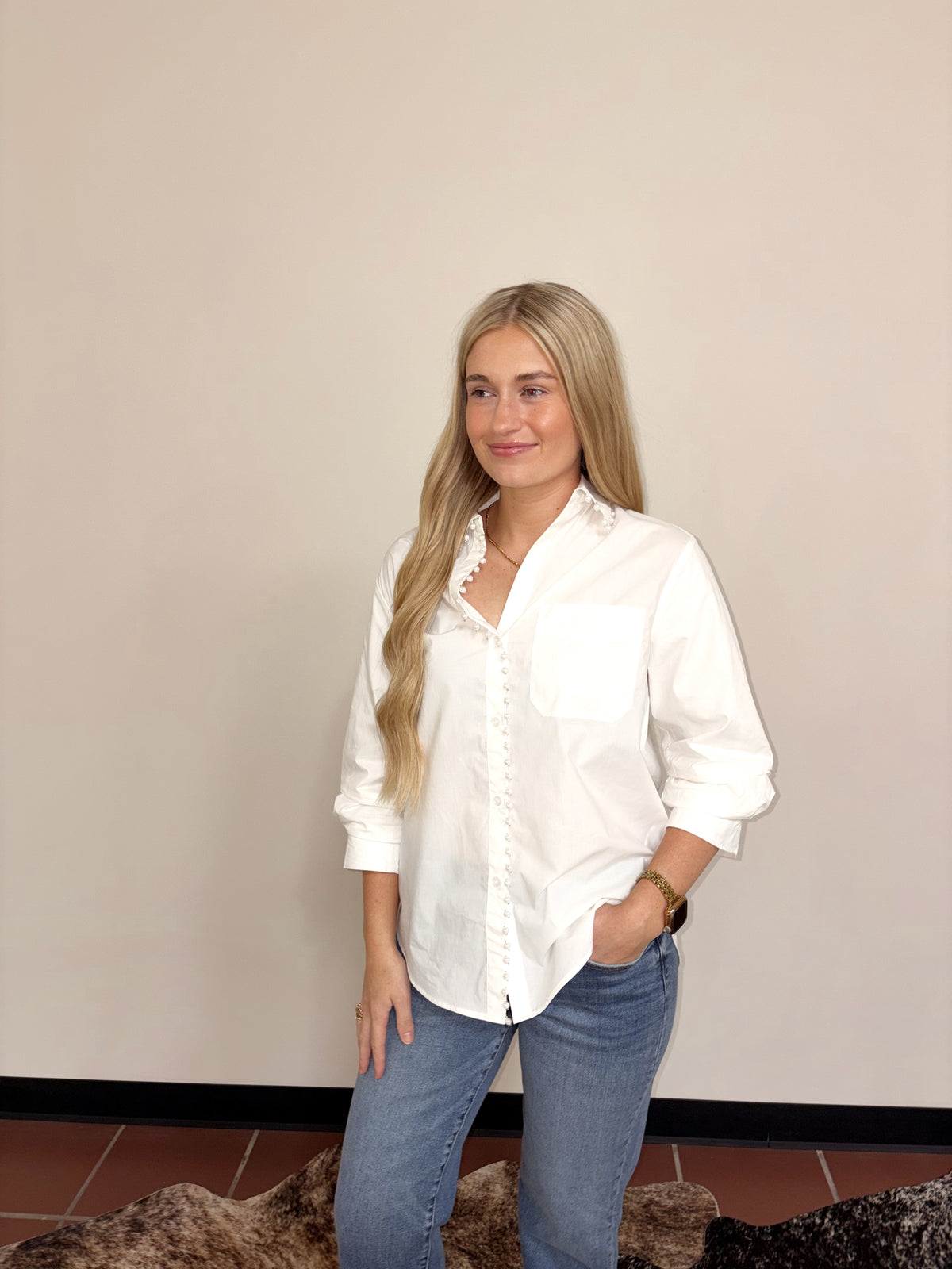 Pearl-Trim Button-Down Shirt