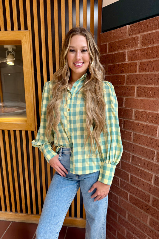 Lime Yellow Gingham Blouse -Turquoise Haven
