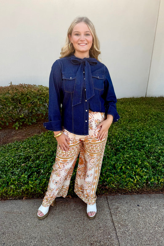 Scarf Print Wide Leg Pant