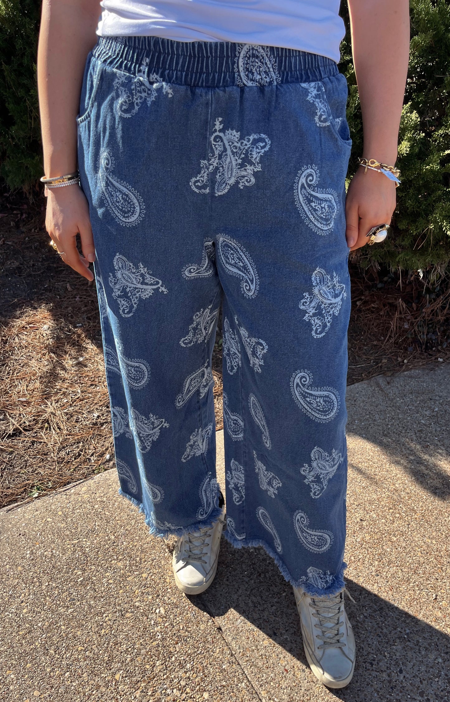 Denim Paisley Frayed Pants