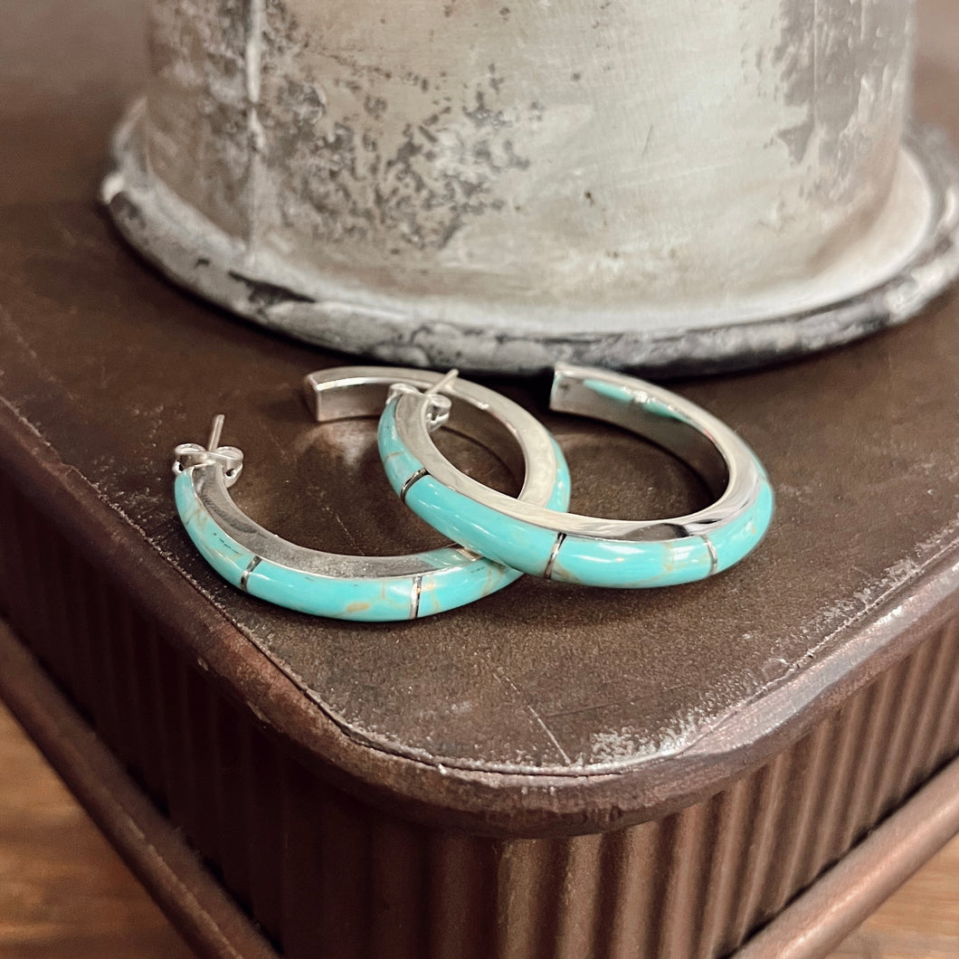 Turquoise Inlay Hoop Earrings- Medium