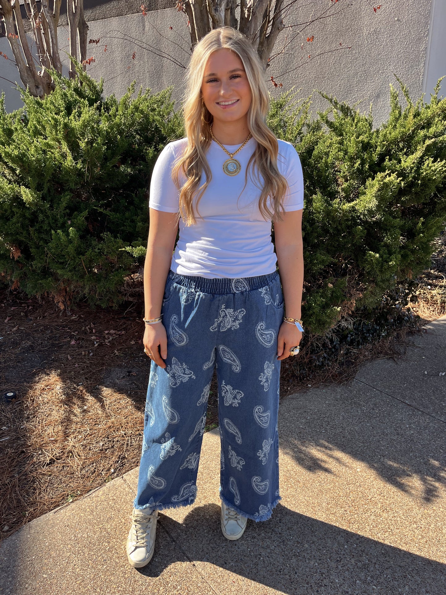 Denim Paisley Frayed Pants