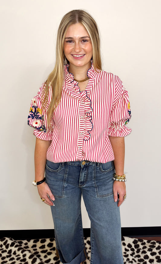 Patriotic Embroidered Ruffle Trim Blouse