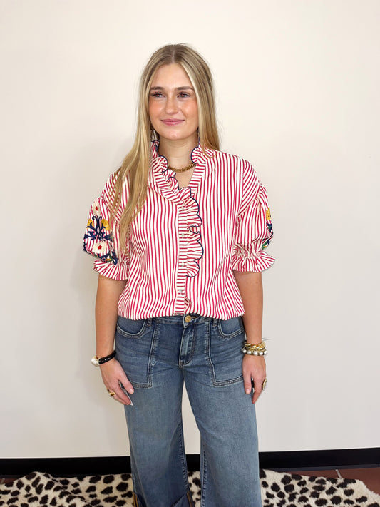 Patriotic Embroidered Ruffle Trim Blouse