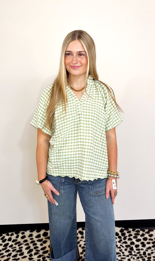 Sage Gingham Bubble Sleeve Top by Umgee