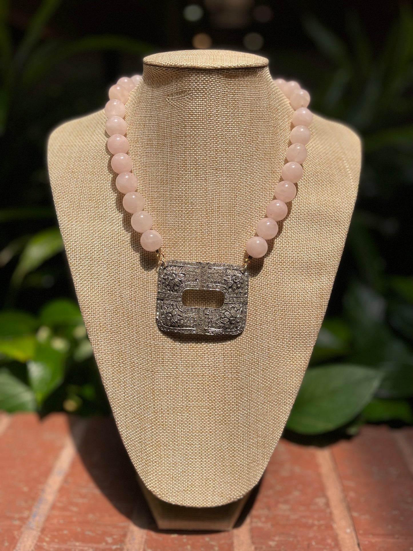 Vintage Rose Quartz Buckle Necklace