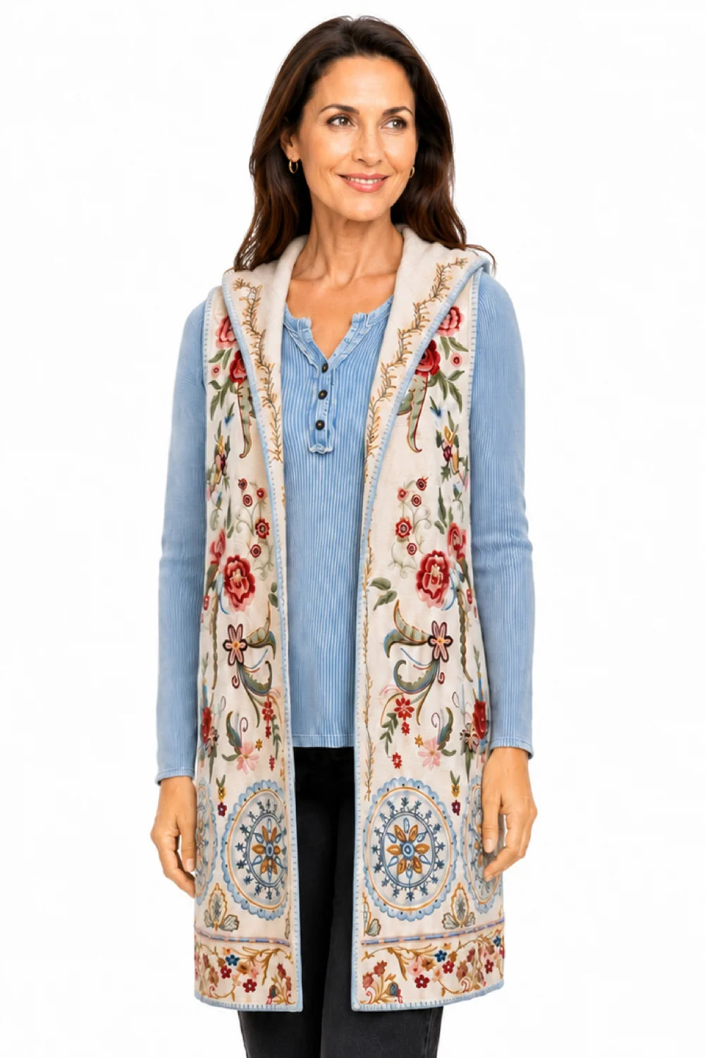 Floral Multi Embd Hooded Vest- John Mark