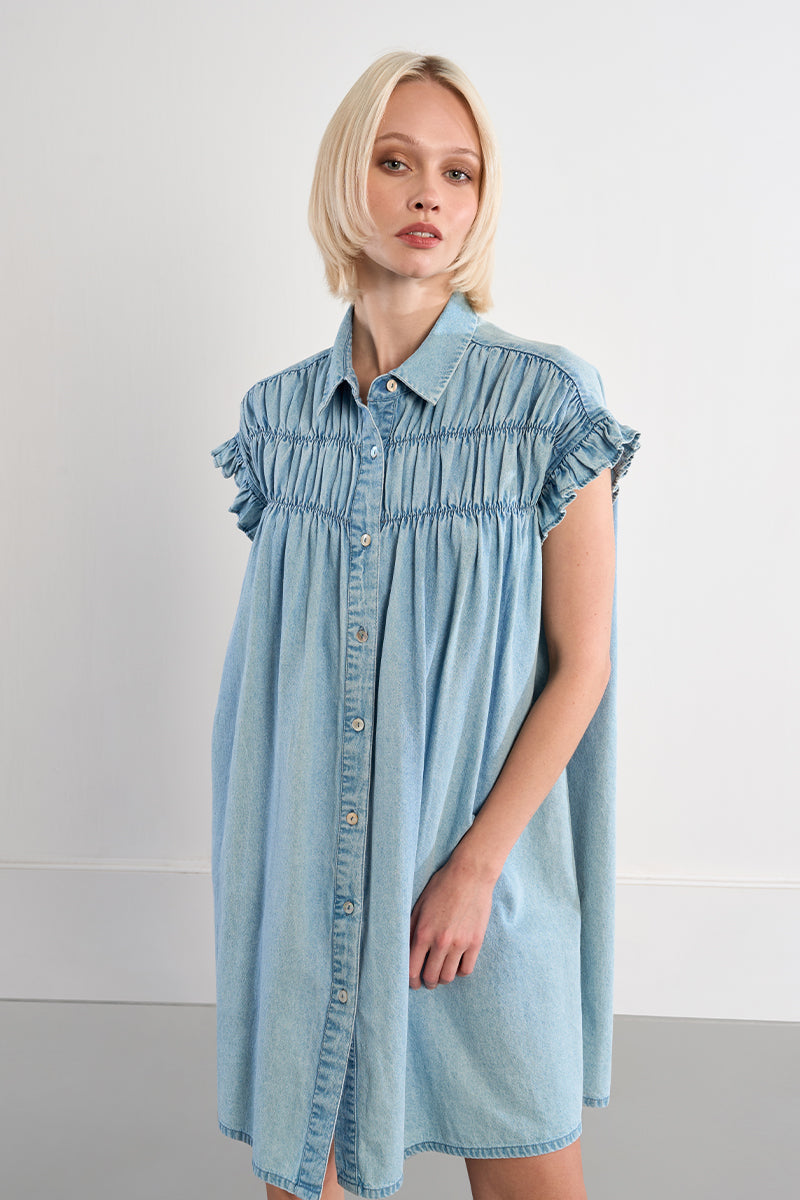 Denim Smocked Ruffle Dress