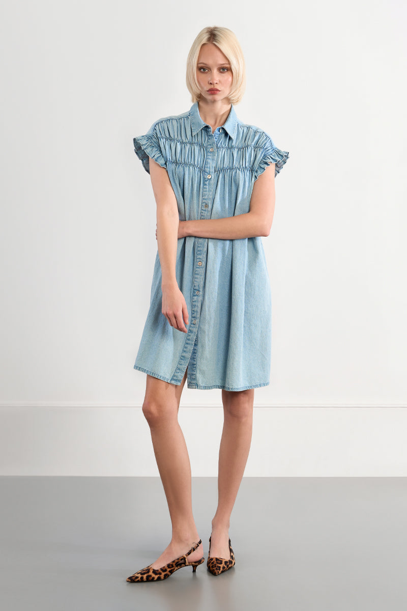 Denim Smocked Ruffle Dress