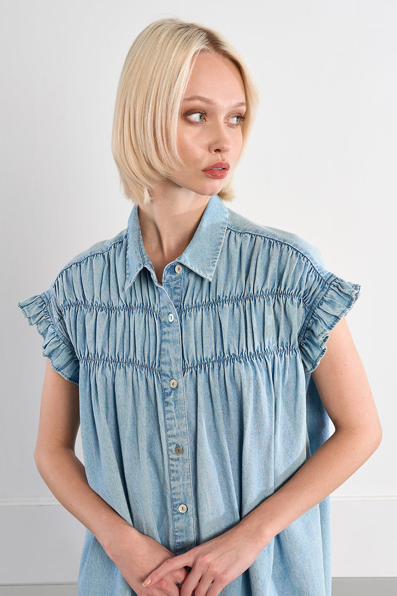 Denim Smocked Ruffle Dress
