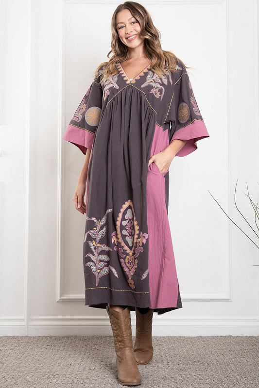 V-Neck Mid Sleeve Maxi Dress