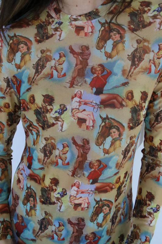 Vintage Cowgirl Print Fitted Mesh Top by Turquoise Haven