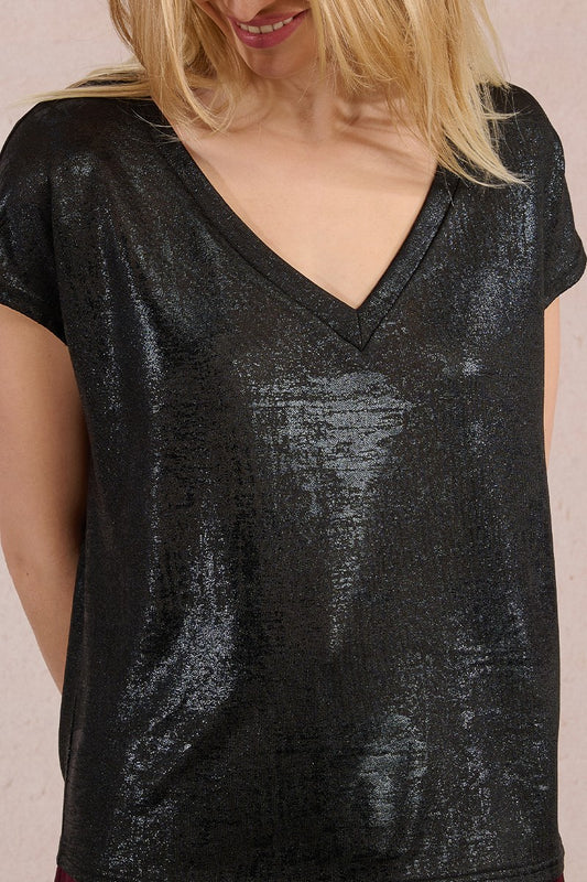 Metallic V-Neck Tee - Black or Gold