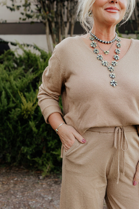 Molly Bracken Golden Beige V-Neck Knit Top